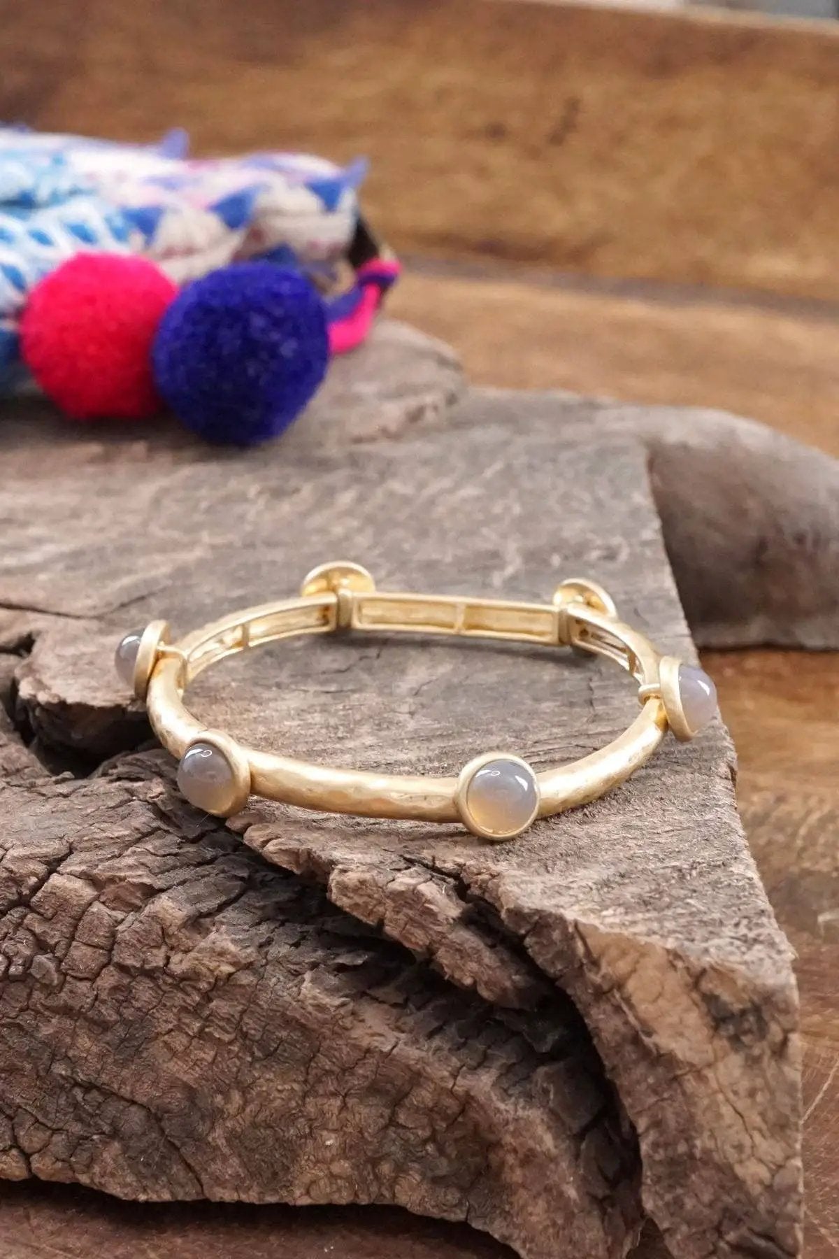 PennyLine inc The Semi Precious Stone Jeweled Golden Bangle- Grey - Jewelry jeweled golden bangle with semi precious stone dots