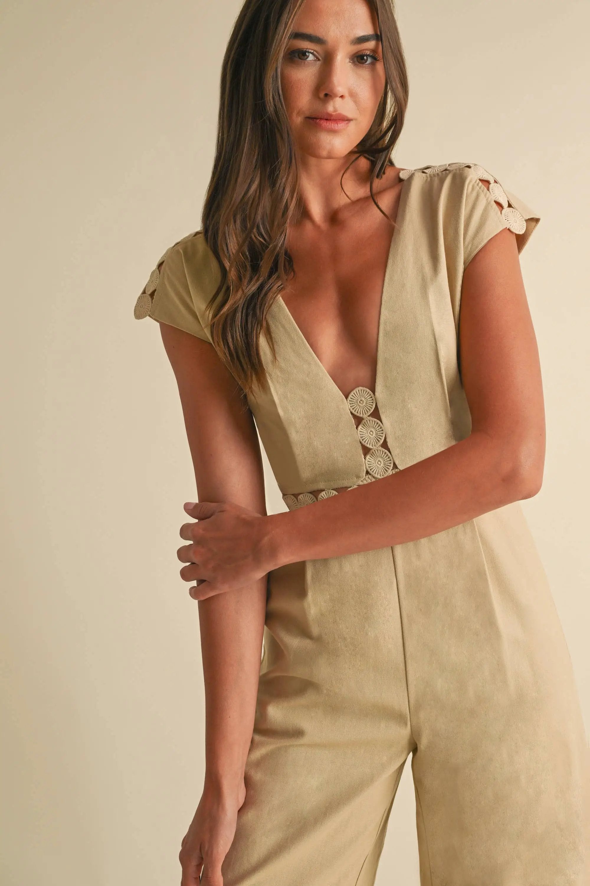 Endless Blu Endless Blu Elegant Crocheted Neckline Beige Linen Jumpsuit - One-Pieces