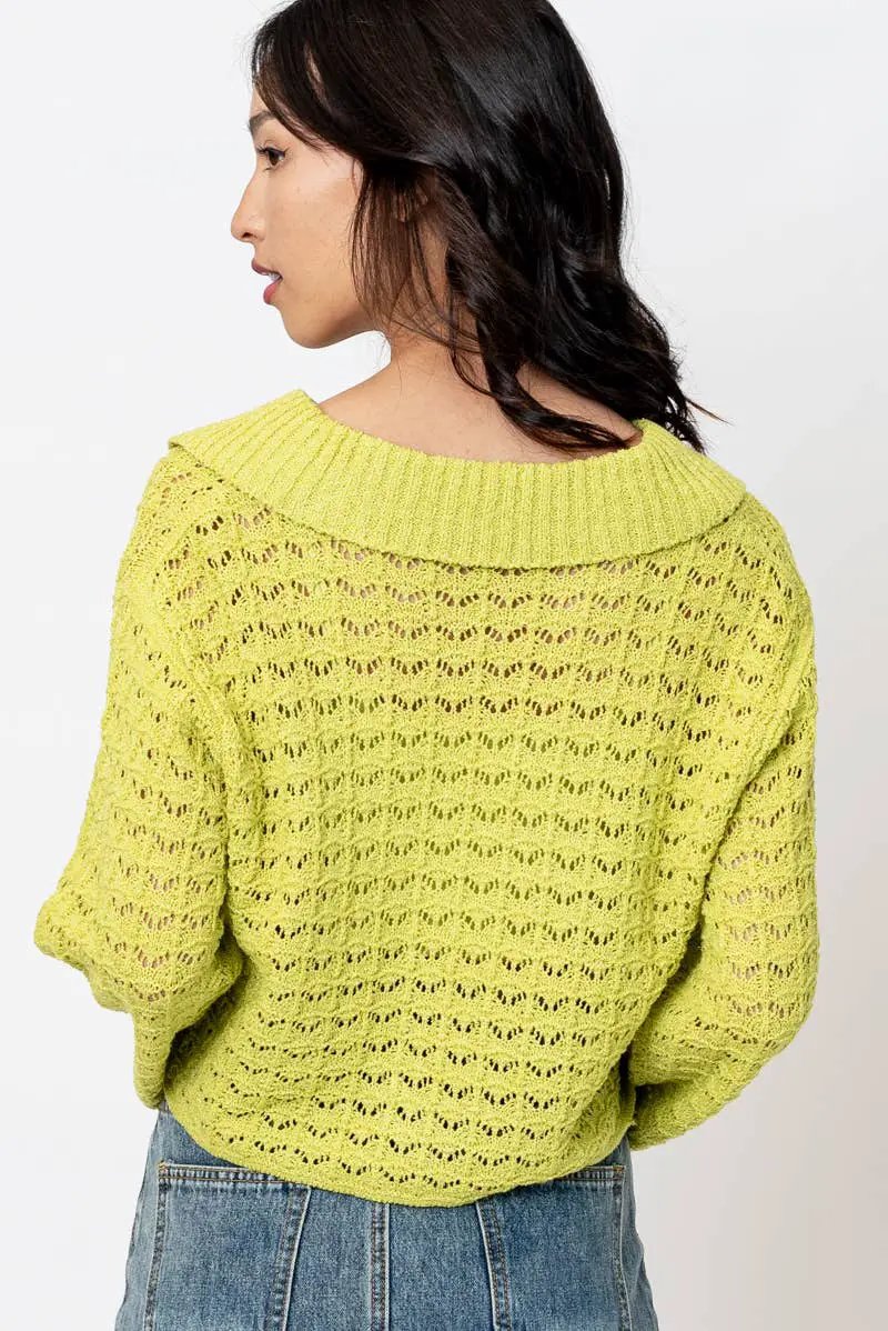 En Crème En Crème Lime Collared Long Sleeve Crochet Top - Clothing Tops
