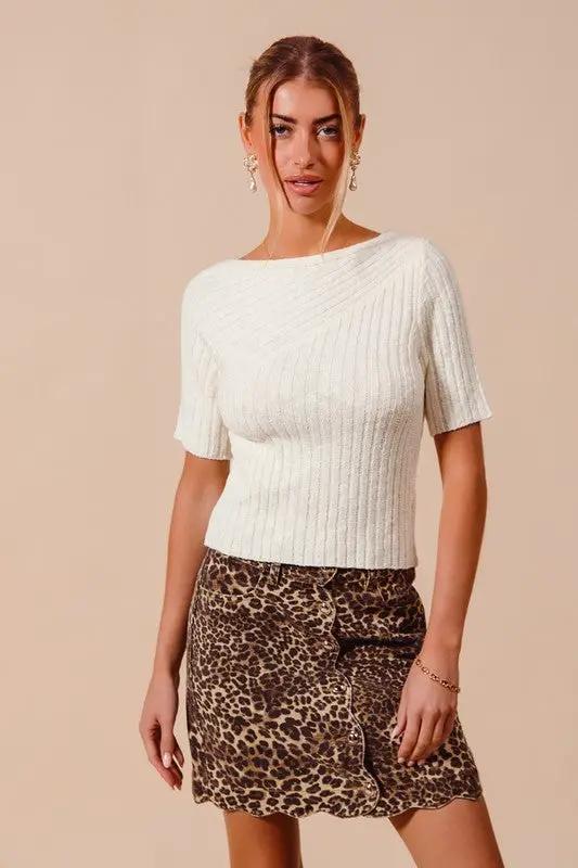 So Me Bias Knitted Boat Neck Fitted Rib Neck Ivory Sweater Top - Sweaters knitted boat neck sweater top