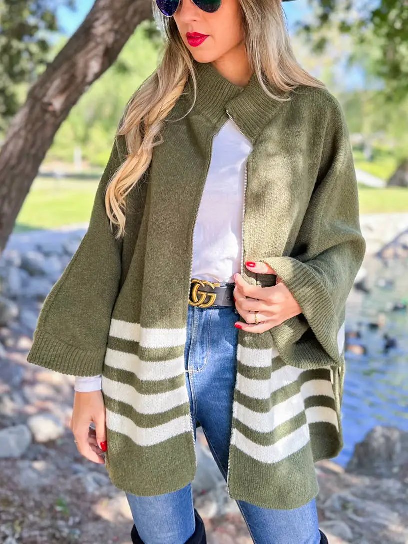 AMOLI AMOLI - Olive Stripe Border Printed Zip-Up Cardigan - Cardigans
