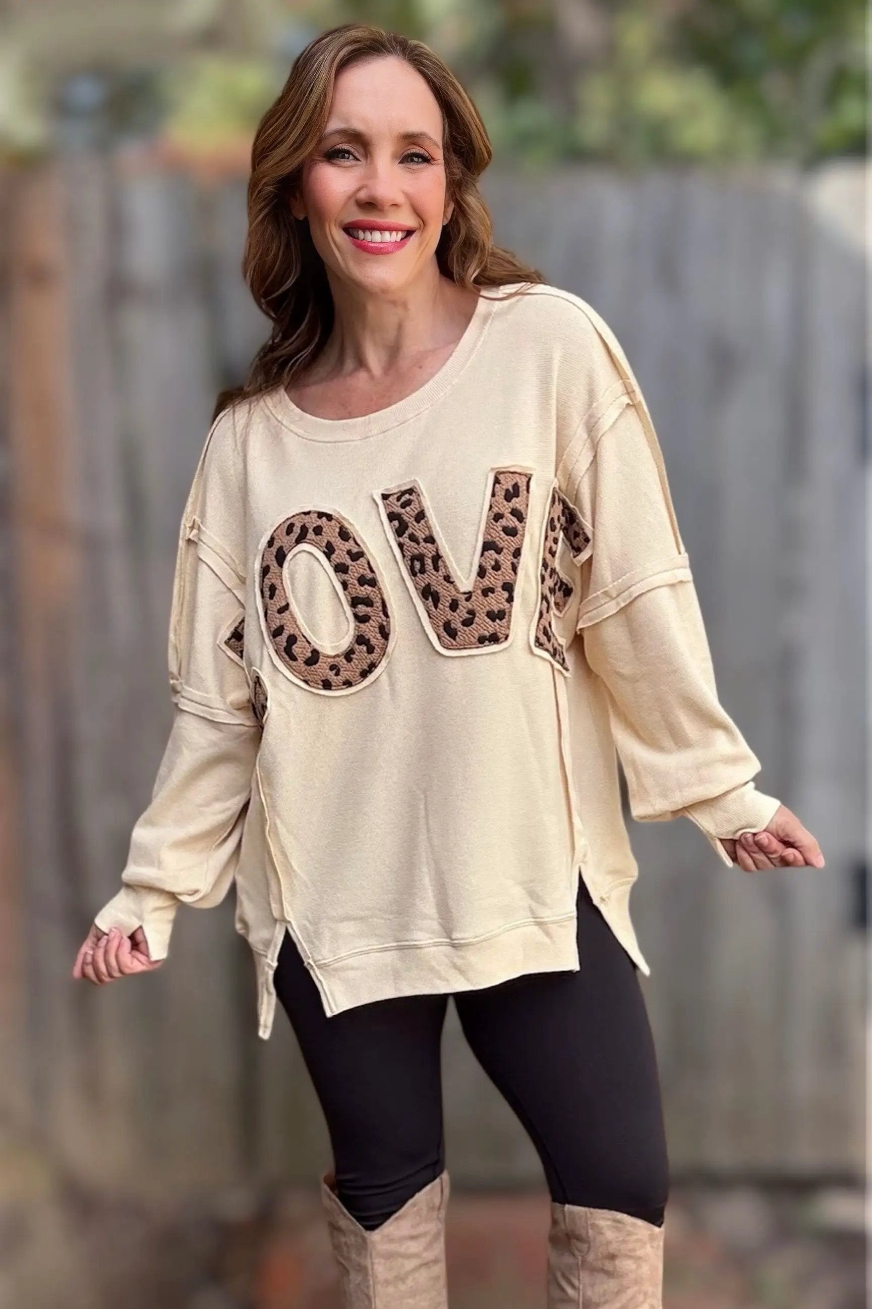 Grateful Threads Boutique Wild About Love Sweatshirt - Sweatshirts White Oversize Leopard LOVE Patched Graphic Round Neck Casual Sweatshirt