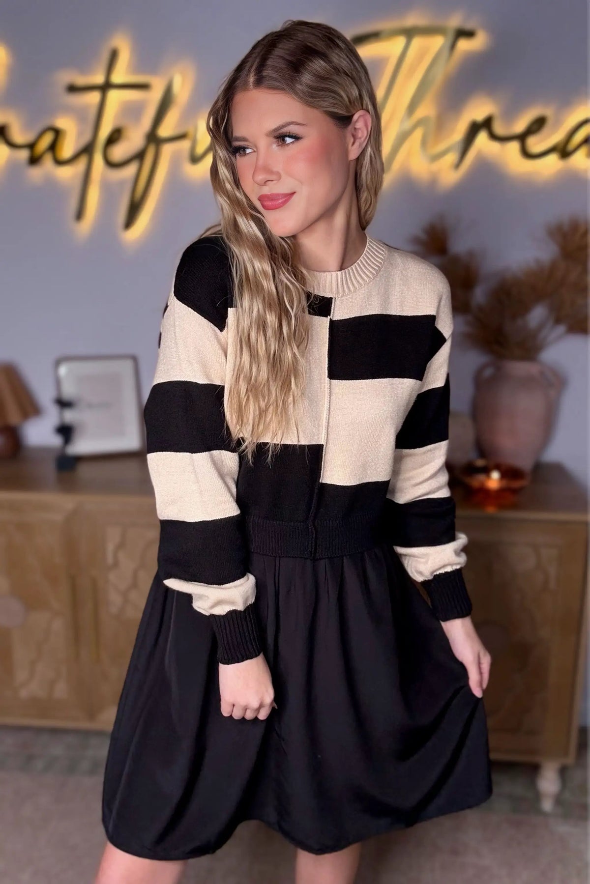 Grateful Threads Boutique Black Stripe Two in One Knitted Top High Waist Splicing Hem Sweater Dress - Dresses Black Stripe Two in One Knitted Top High Waist Splicing Hem Sweater Dress