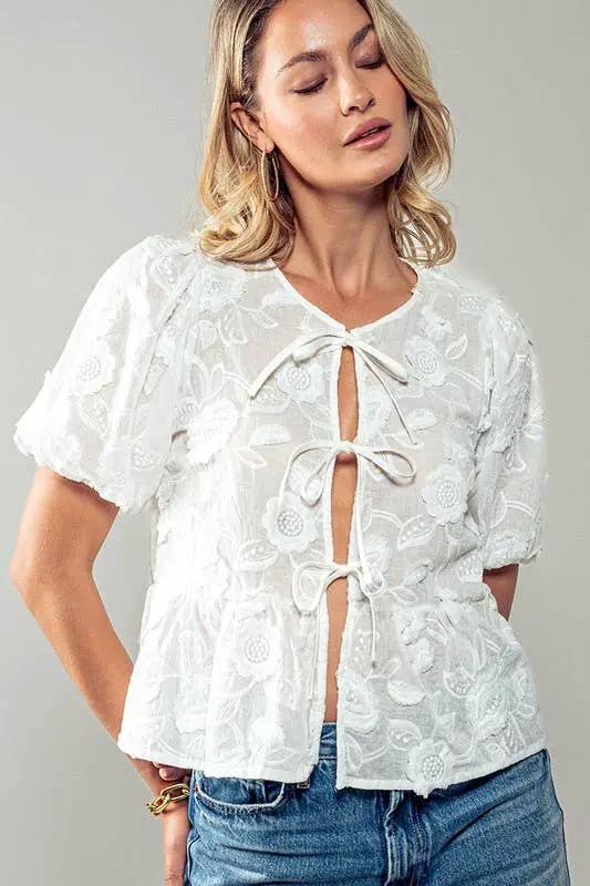 Urban Daizy Romantic Garden Lace Top - Blouses white embroidered bow blouse