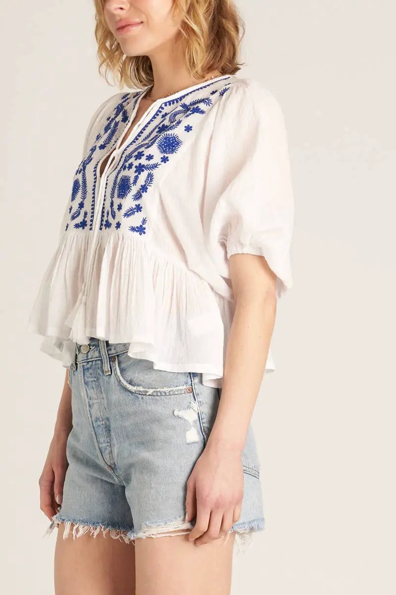 En Crème En Crème White & Blue Puff Sleeve Peplum Top with Embroidery Detail - Blouses Spring summer tops