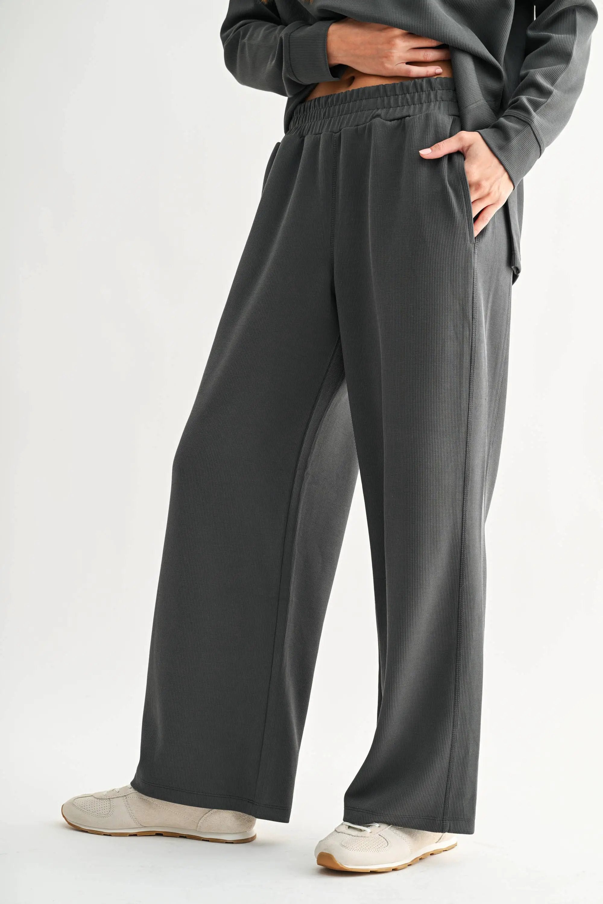 Mono B Mono B - Luxe Sand Wash Rib Wide-Leg Pants - Trousers Mono B - Luxe Sand Wash Rib Wide-Leg Pants