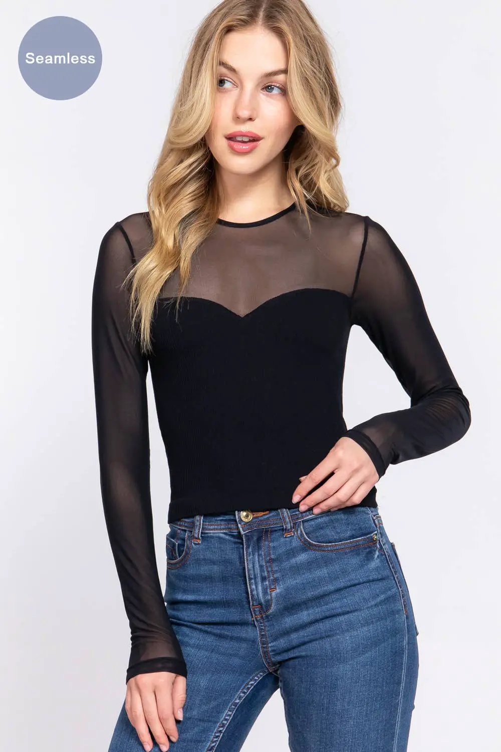 Active Basic | Active USA Sweetheart Illusion Black Mesh Top - Blouses