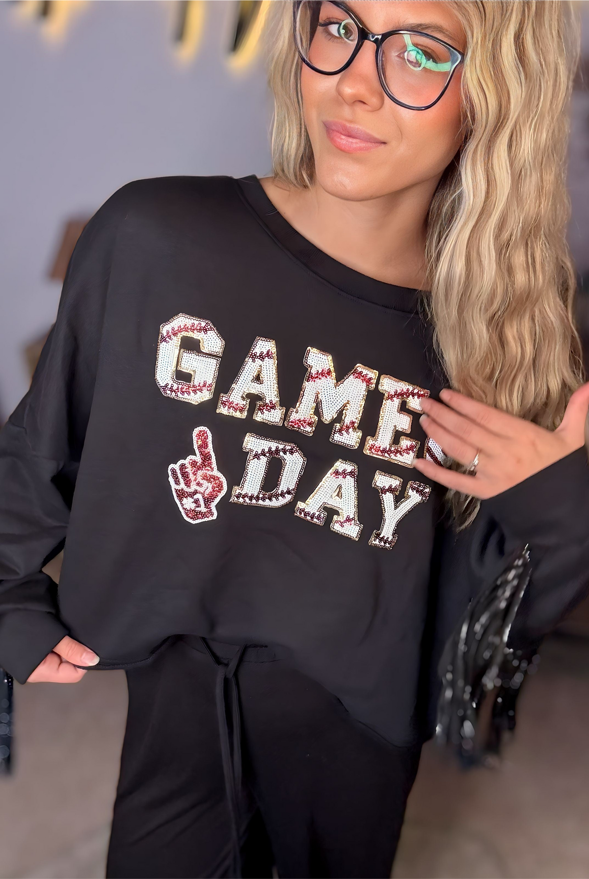 Grateful Threads Boutique Black GAME DAY Sequined Tassel Cropped Sweatshirt - Sweatshirts Black GAME DAY Rugby Sequined Tasseled Cropped Sweatshirt