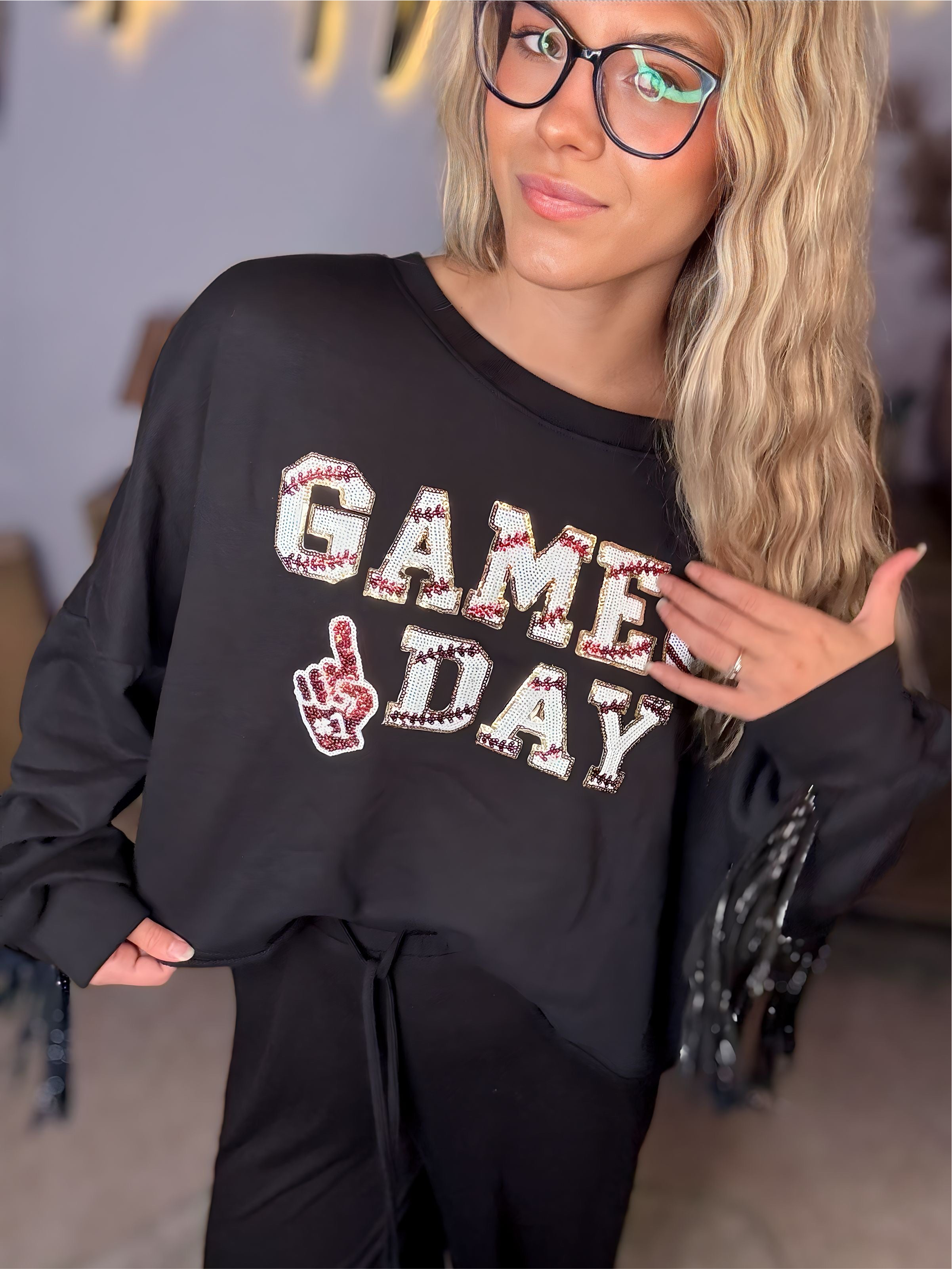 Grateful Threads Boutique Black GAME DAY Sequined Tassel Cropped Sweatshirt - Sweatshirts Black GAME DAY Rugby Sequined Tasseled Cropped Sweatshirt