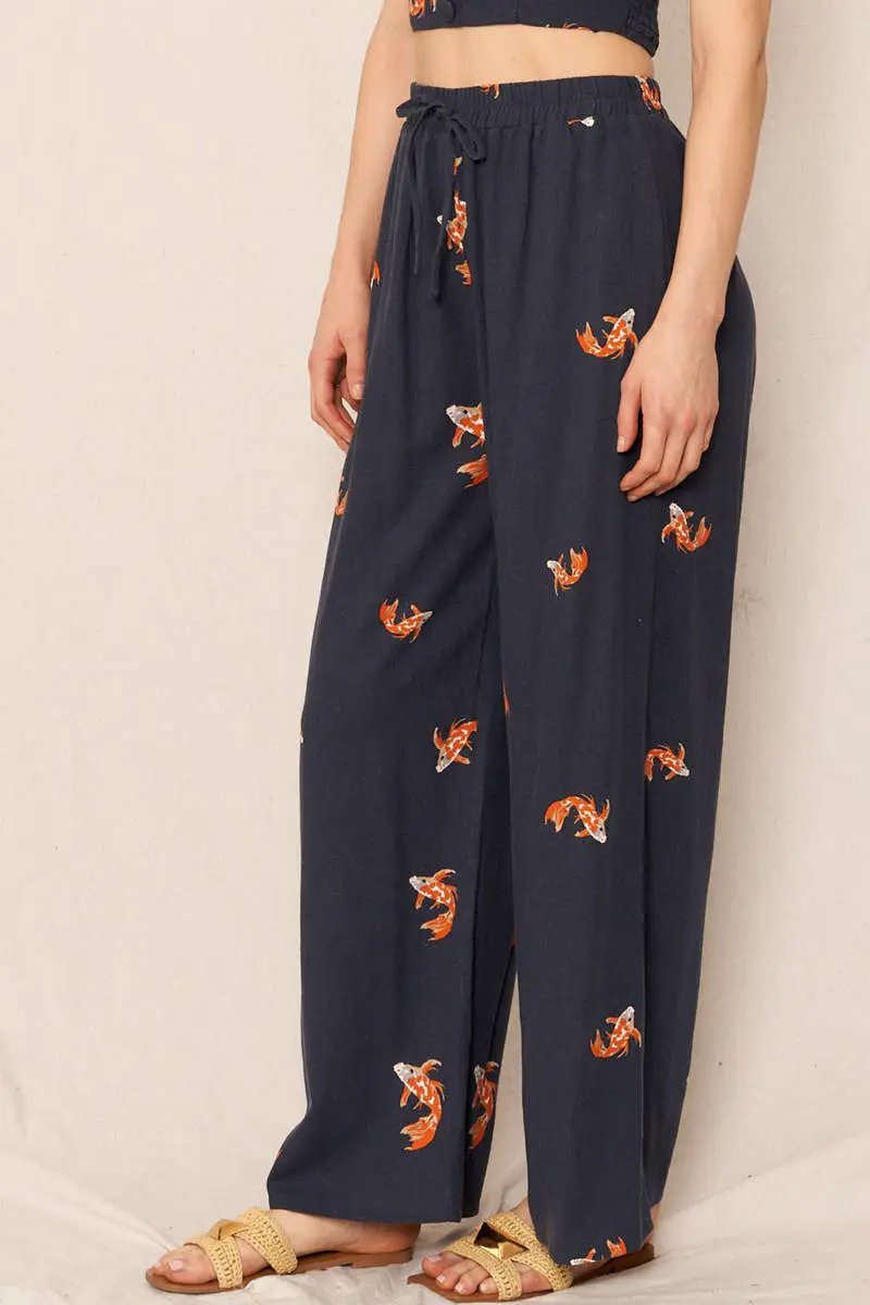 En Crème En Crème Navy & Orange Koi Fish Print Wide Leg Pants - Pants wide leg pants