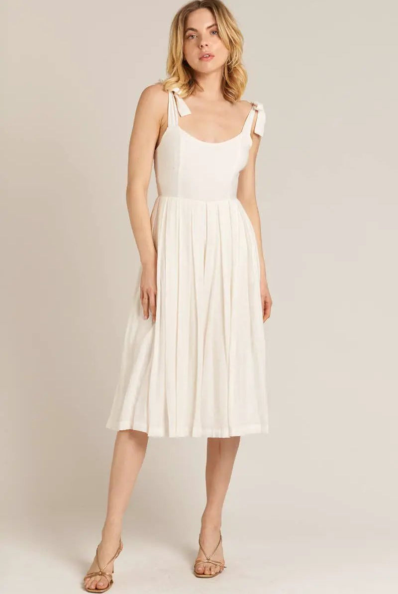 En Crème En Crème White Shoulder Tie Pleated Wide Leg Culotte Jumpsuit - One-Pieces