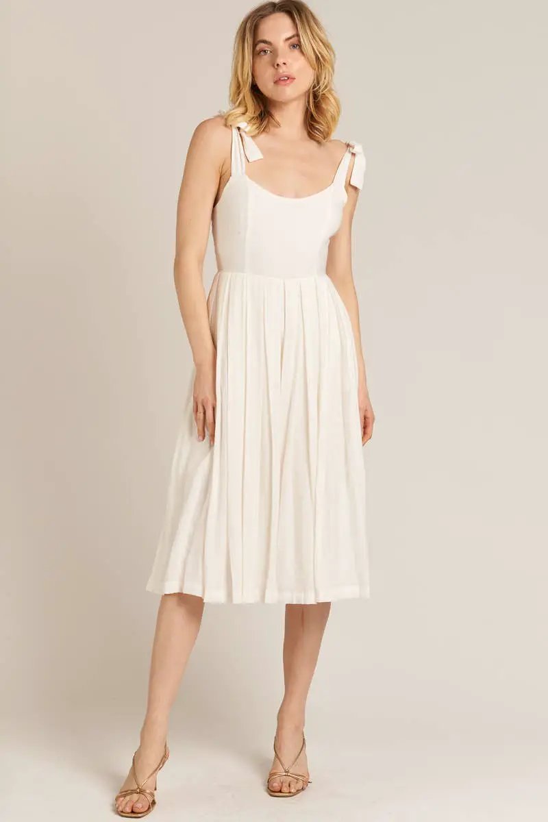 En Crème En Crème White Shoulder Tie Pleated Wide Leg Culotte Jumpsuit - One-Pieces