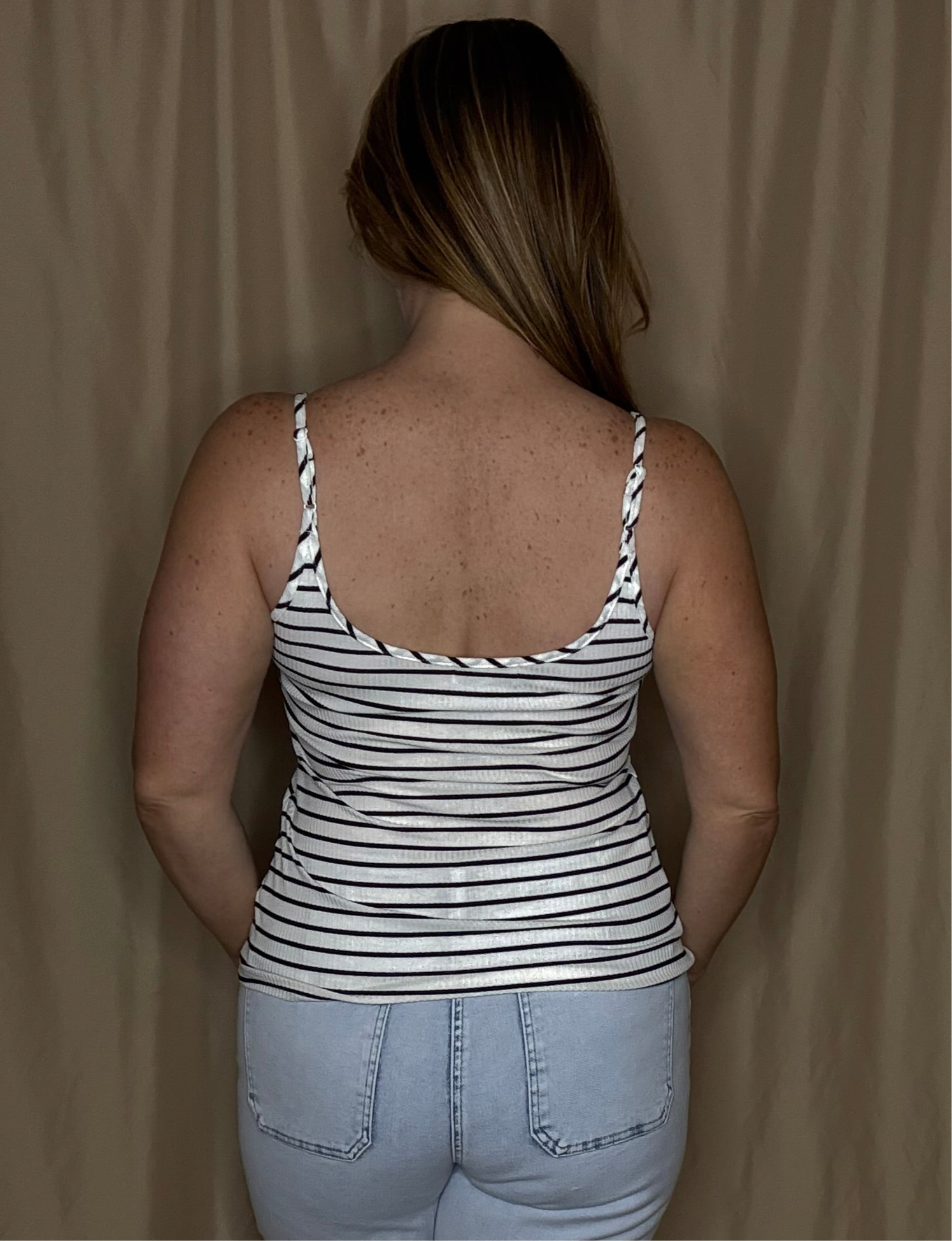Grateful Threads Boutique White with Black Stripe Adjustable Straps Ribbed Knit Tank Top - Tank Tops White with black stripe tank top cami