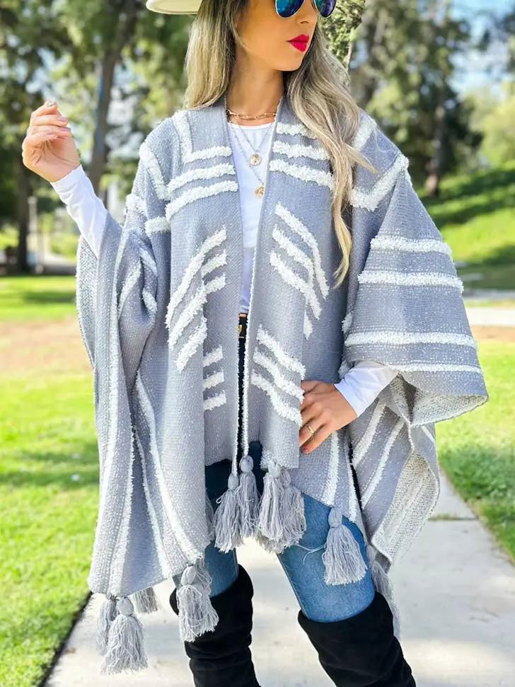 AMOLI AMOLI - Grey Western Textured Pattern with Chunky Tassel Cardigan - Cardigans