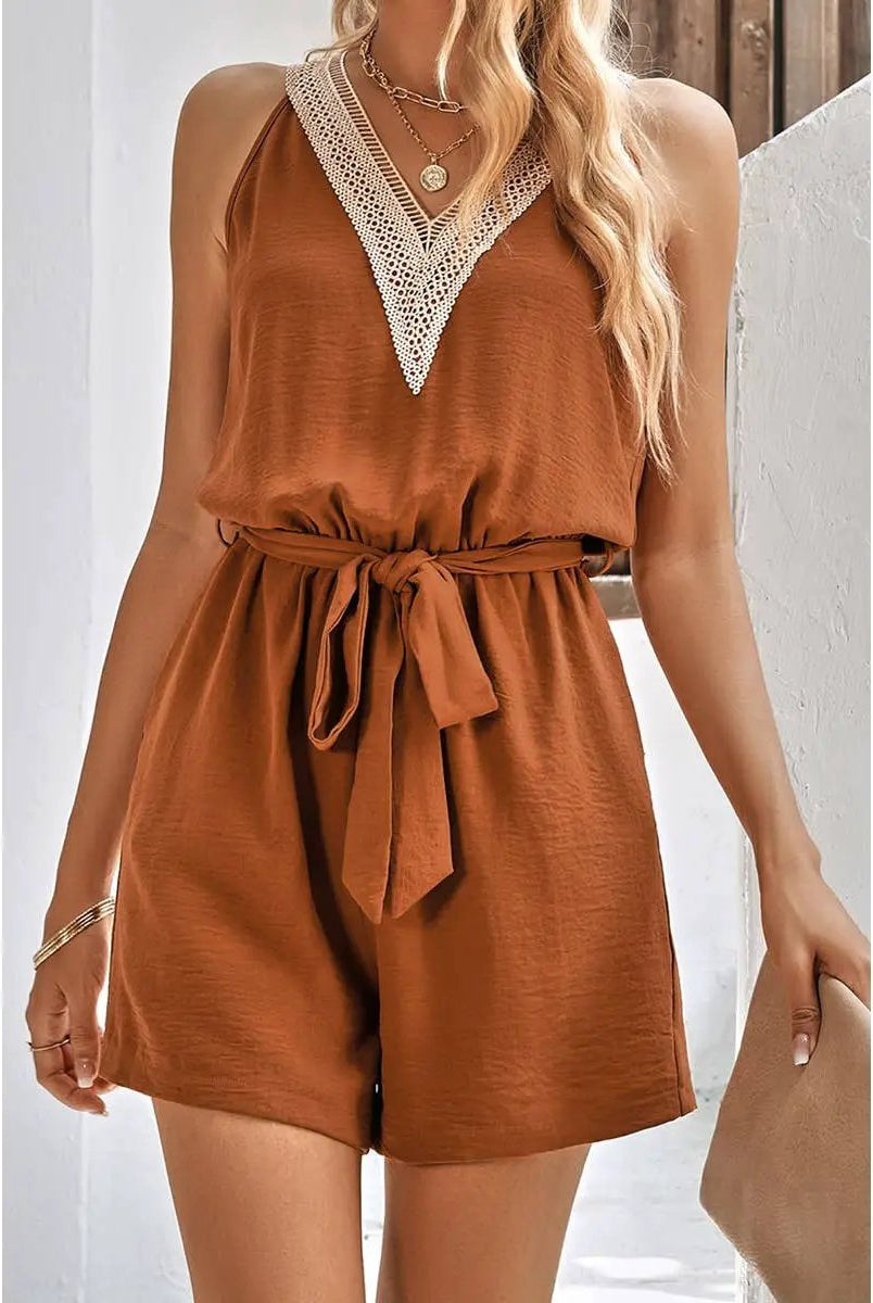 Supreme Fashion Lace Trim V Neck Sleeveless Tank Romper - One-Pieces Lace Trim V Neck Sleeveless Tank Romper
