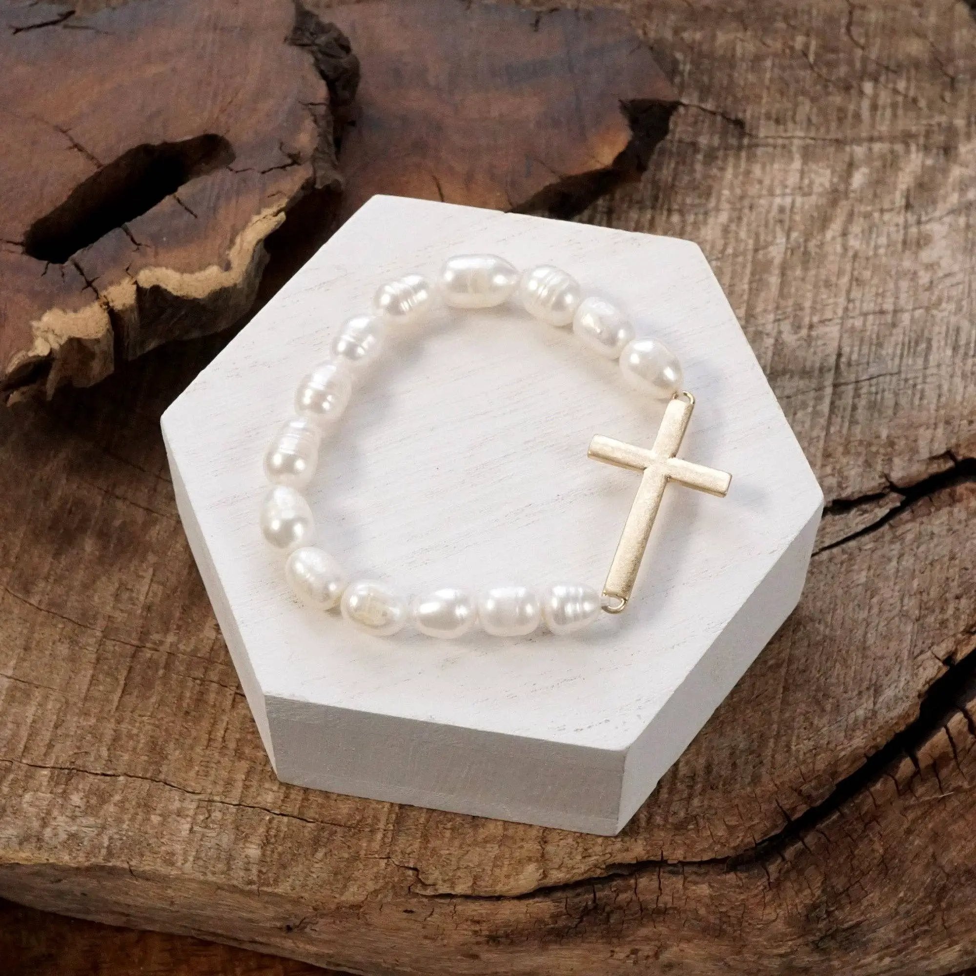 PennyLine inc The Faith Freshwater Pearl Gold Cross Bracelet - Jewelry sideways cross bracelet