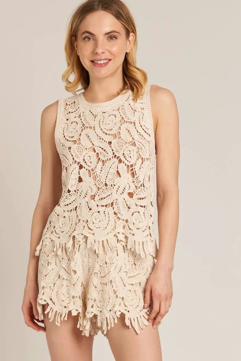 En Crème En Crème Sleeveless Beige Crochet Top and Shorts Set - Outfit Sets