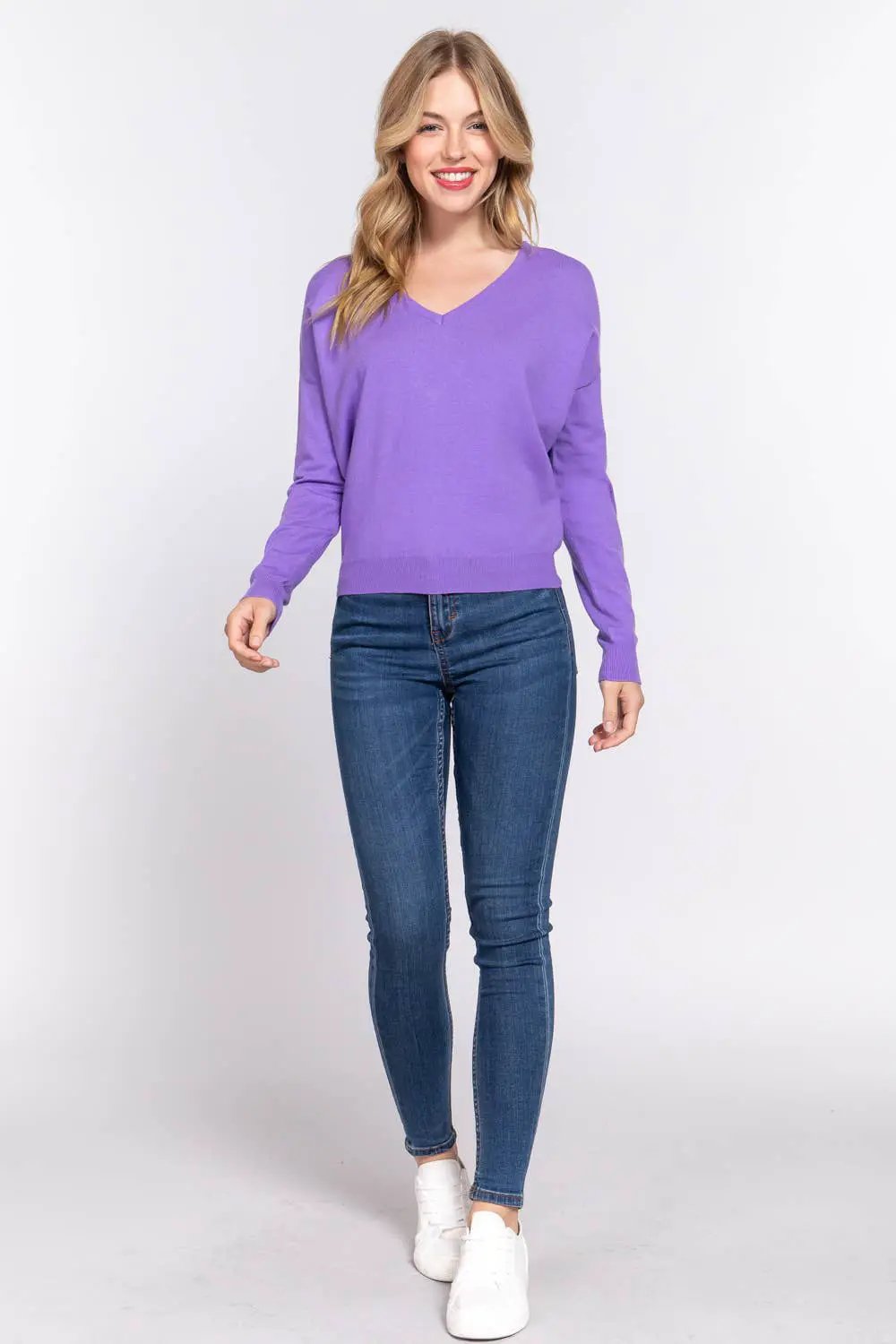 Active Basic | Active USA Purple Cross My Heart V-Neck Sweater - Sweaters Purple V-neck back detailed sweater