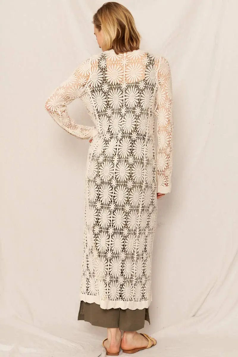 En Crème En Crème Natural Flower Pattern Crochet Maxi Kimono Cardigan - Cardigans