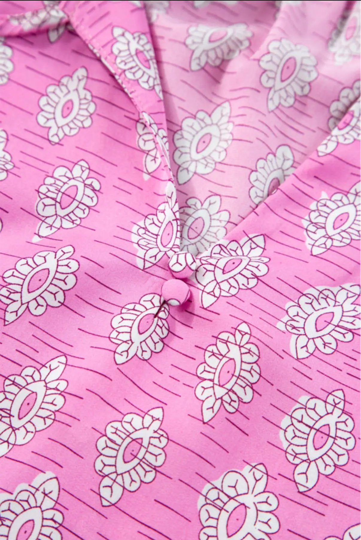 Grateful Threads Boutique Pink Vintage Floral Ruffled Split Neck Short Sleeve Blouse - Blouses Pink Vintage Floral Ruffled Split Neck Short Sleeve Blouse