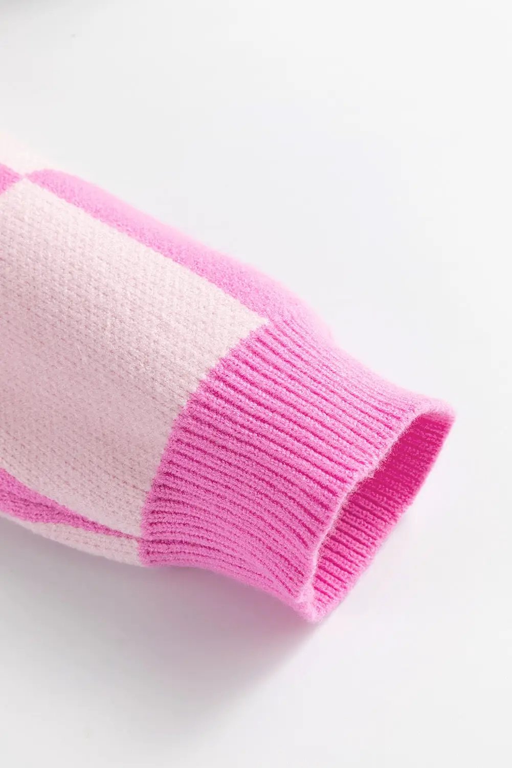 Grateful Threads Boutique Pink Checkerboard Half Button Collared Drop Shoulder Sweater - Sweaters Pink Checkerboard Half Button Collared Drop Shoulder Sweater