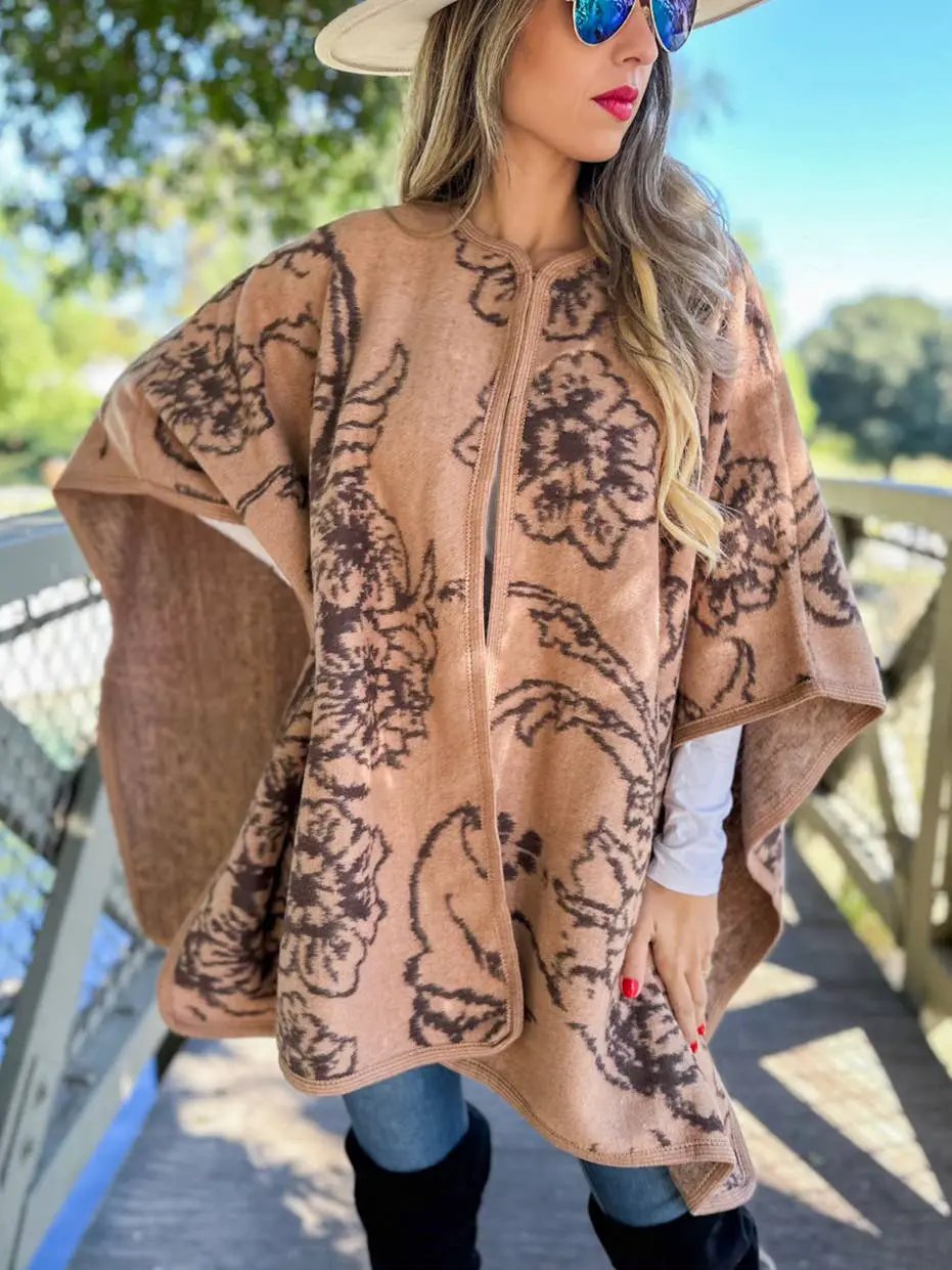 AMOLI AMOLI - Camel Elegant Floral Print Cape Shawl Ruana Cardigan - Cardigans