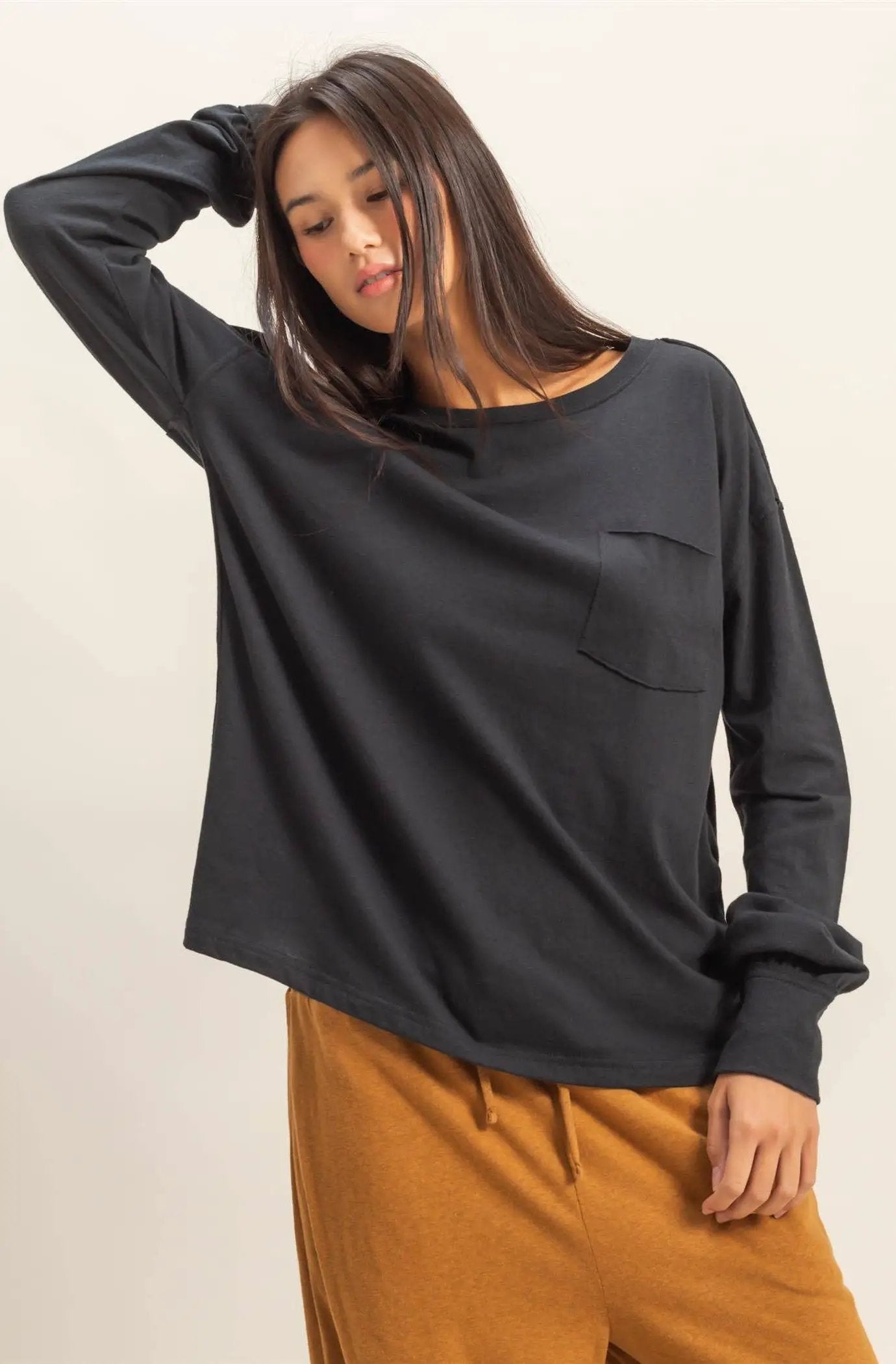 HYFVE The Everyday Ease Long Sleeve Pocket Tee: Black - Shirts