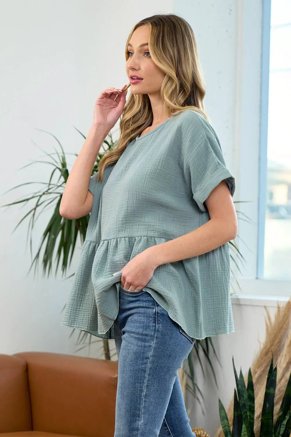 lovely melody Cotton Double Gauze Solid Babydoll Blouse - Blouses cotton gauze babydoll blouse