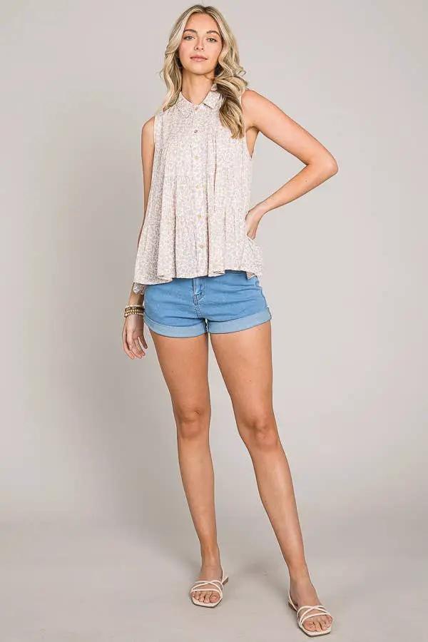 Cerule Ditsy Floral Button Up Sleeveless Ruffle Tiered Woven Shirt - Shirts