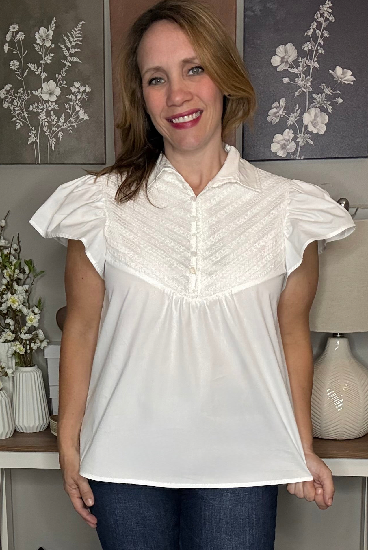 Grateful Threads Boutique White Half Button Lace Patchwork Flutter Sleeve Blouse - Blouses White lace flutter sleeve top