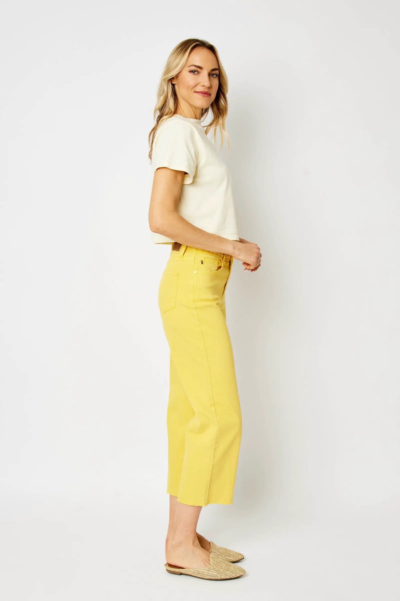 Judy Blue The Braided Waist Band Yellow Cropped Wide Leg Jeans - Jeans Judy Blue High Waisted Yellow Garment Dyed Braided Waist Band Cropped Wide Leg Denim Jeans