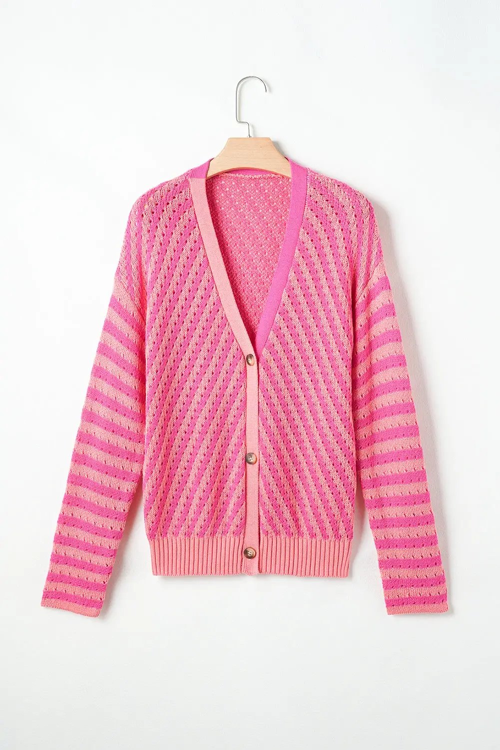 Grateful Threads Boutique Sunset Sorbet Buttoned Cardigan - Cardigans Pink Striped Buttoned V Neck Drop Shoulder Cardigan