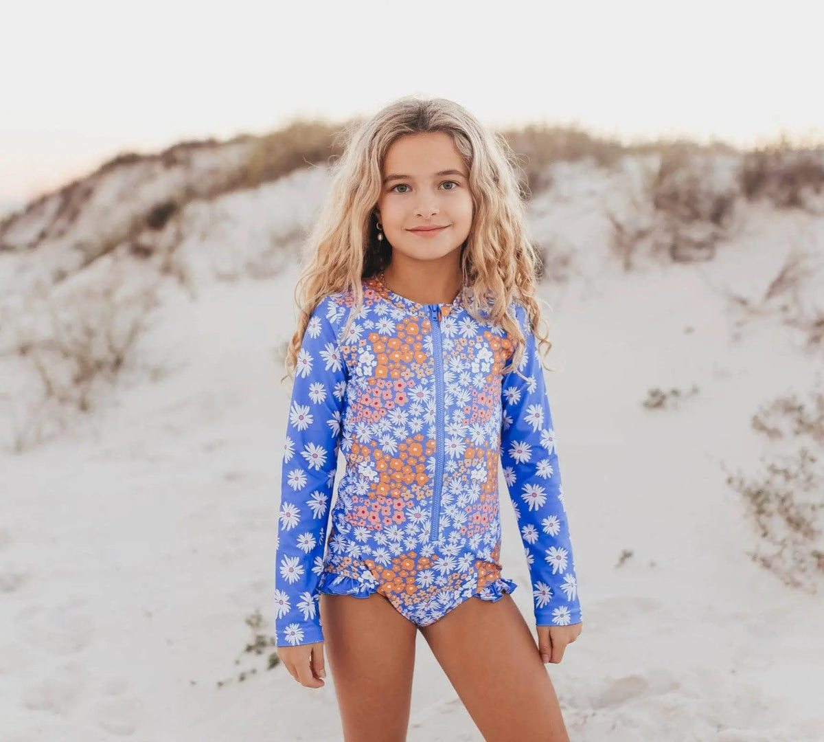 Oopsie Daisy Periwinkle Daisy Zip Rash Guard One Piece Swimsuit - Rash Guards