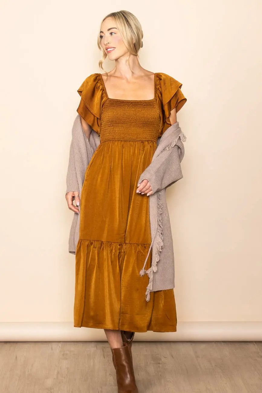 Elloh Collection Copper Satin Flowy Flutter Sleeve Smocked Dress - Dresses