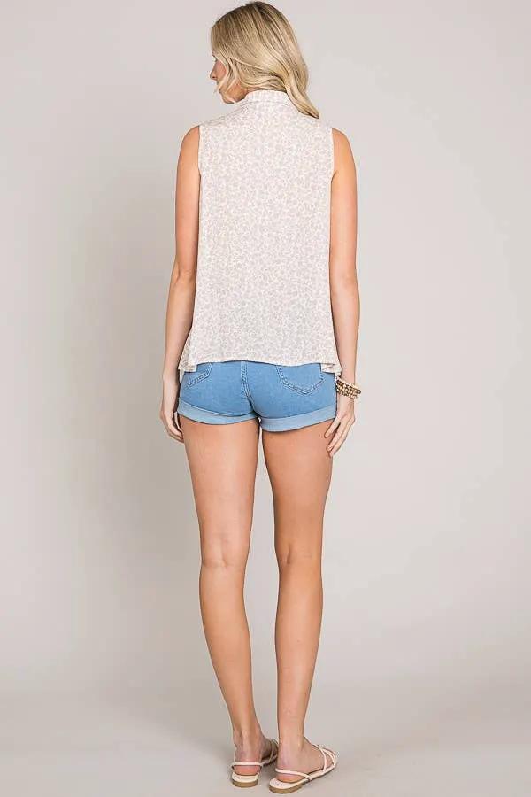 Cerule Ditsy Floral Button Up Sleeveless Ruffle Tiered Woven Shirt - Shirts