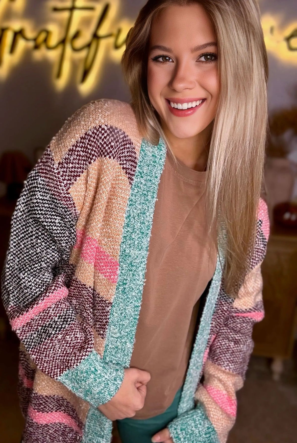 Grateful Threads Boutique Multicolor Color Block Striped Side Slit Open Front Cardigan - Cardigans Multicolor Color Block Striped Side Slit Open Front Cardigan