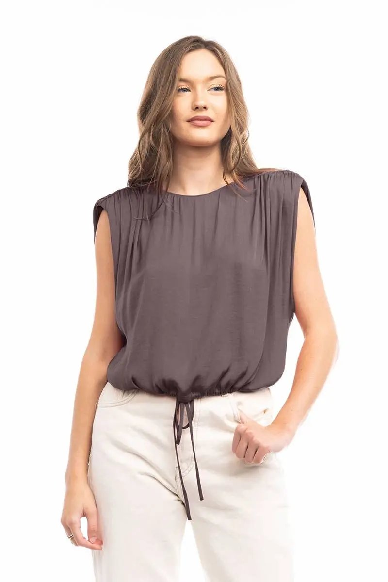 Naked Zebra The Effortless Elegance Shirred Shoulder Top: Taro - Blouses