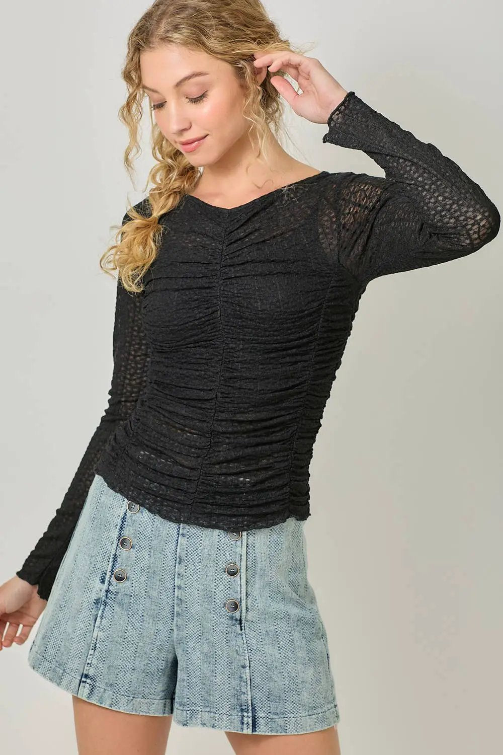 Mystree Mystree - After Dark Lettuce Hem Mesh Layering Top - Blouses