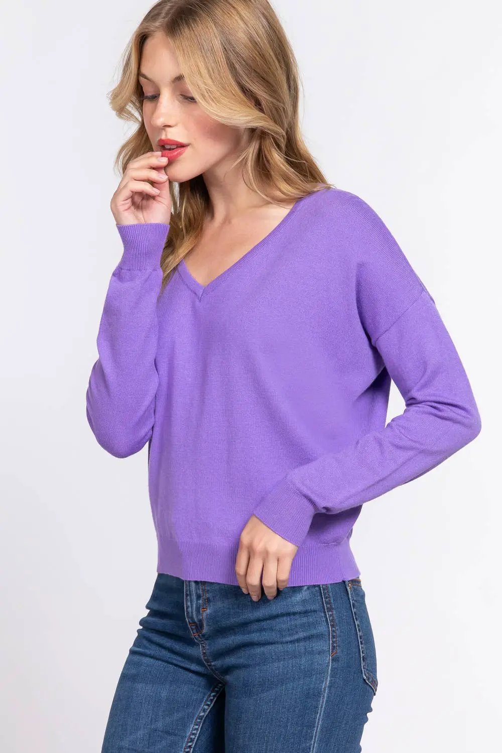 Active Basic | Active USA Purple Cross My Heart V-Neck Sweater - Sweaters Purple V-neck back detailed sweater