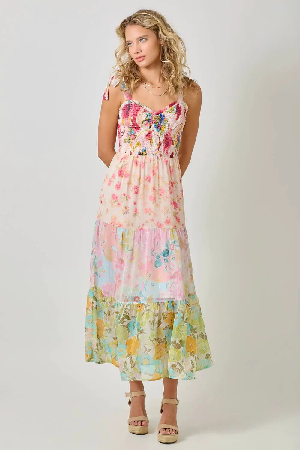 Mystree Mystree Rose Mix Strap Tied Smocked Top Tiered Long Dress - Dresses