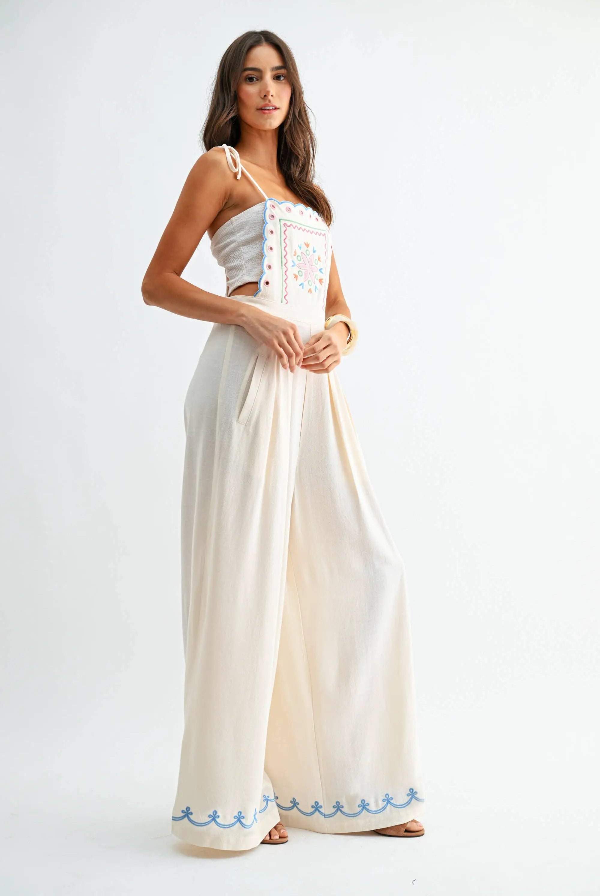 Camellia The Embroidered Wide-Leg Jumpsuit: CREAM - One-Pieces
