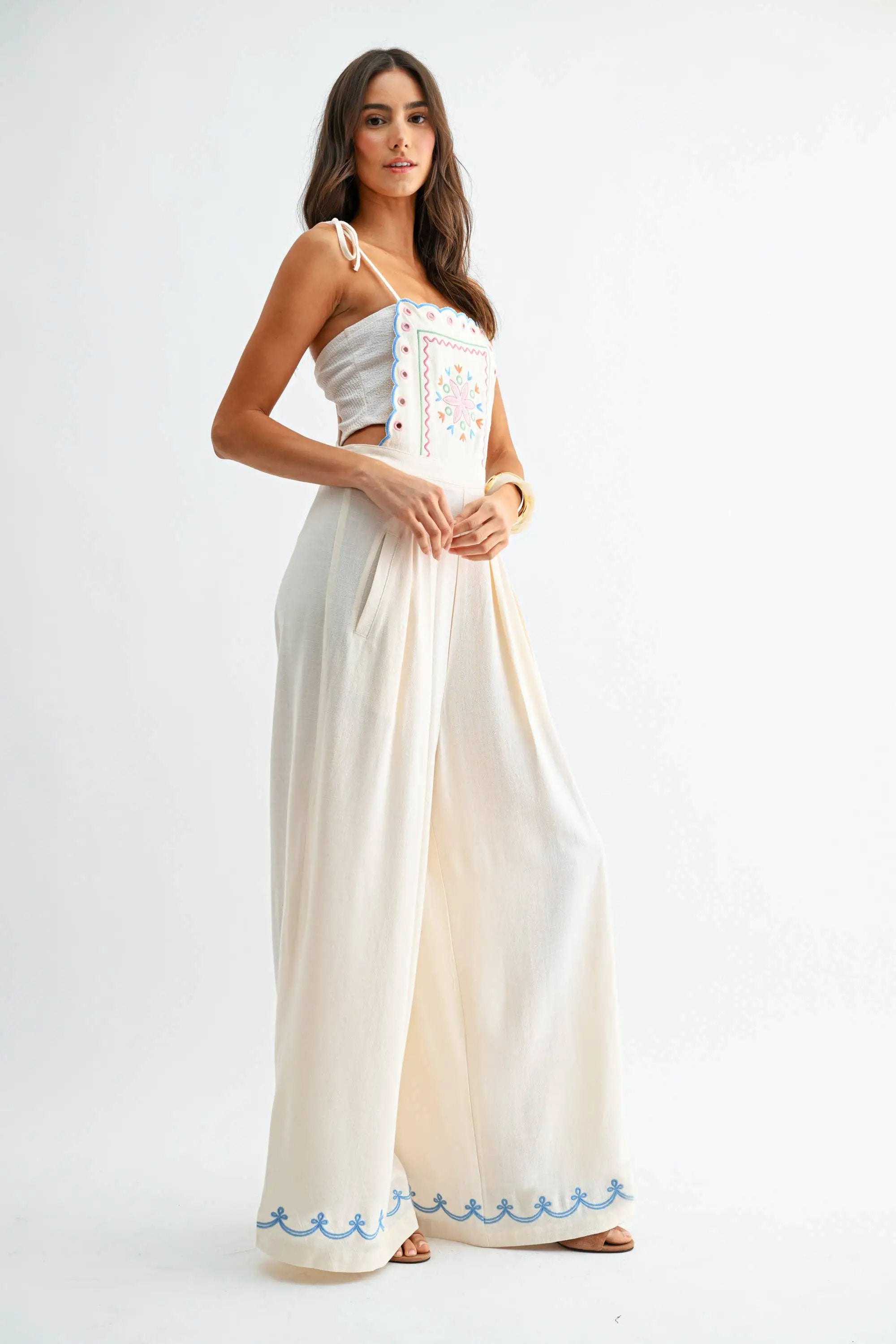 Camellia The Embroidered Wide-Leg Jumpsuit: CREAM - One-Pieces