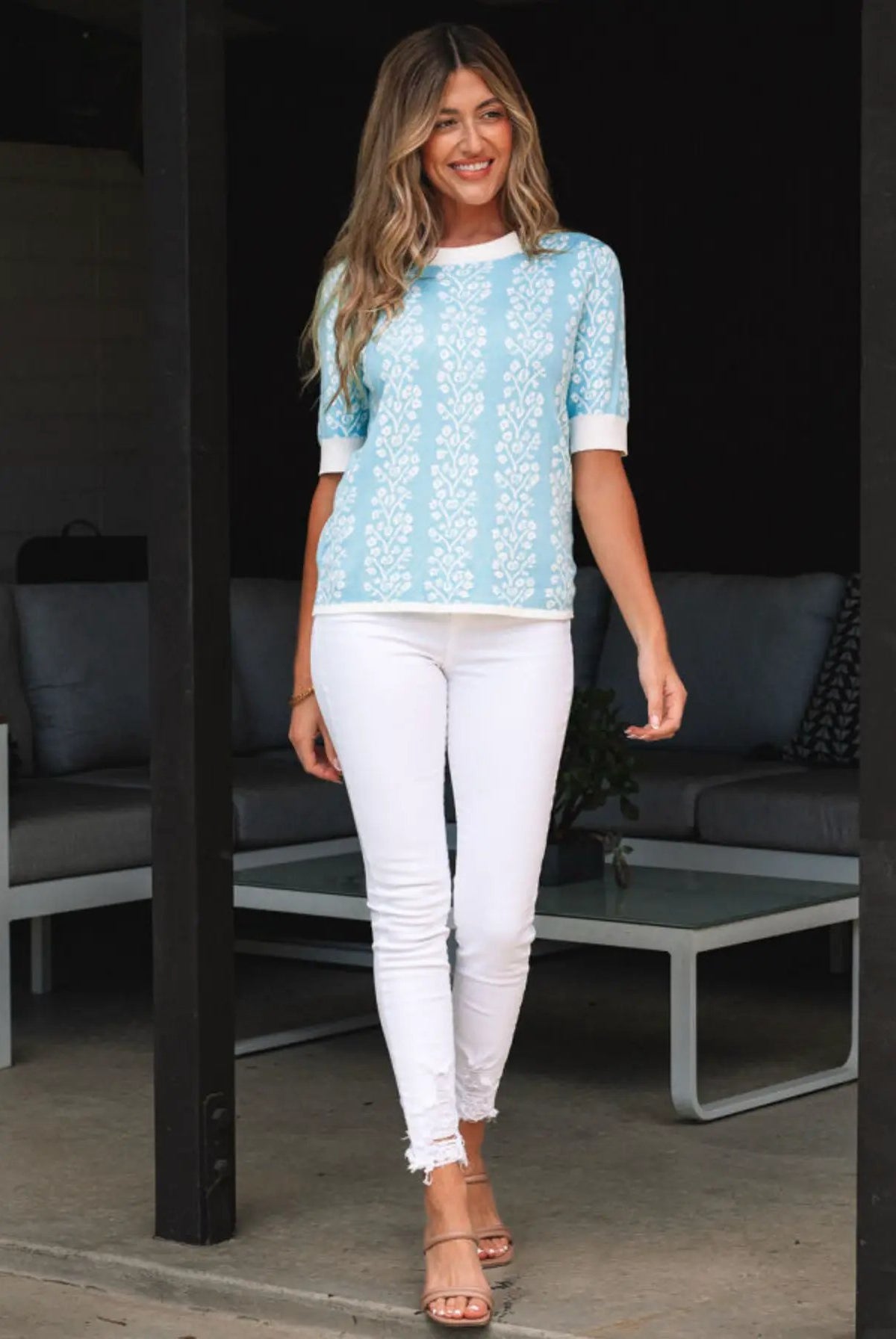 Grateful Threads Boutique Blue Skies & Blooms Crewneck Short Sleeve Knit Sweater - Sweaters Sky Blue Contrast Floral Crewneck Short Sleeve Sweater