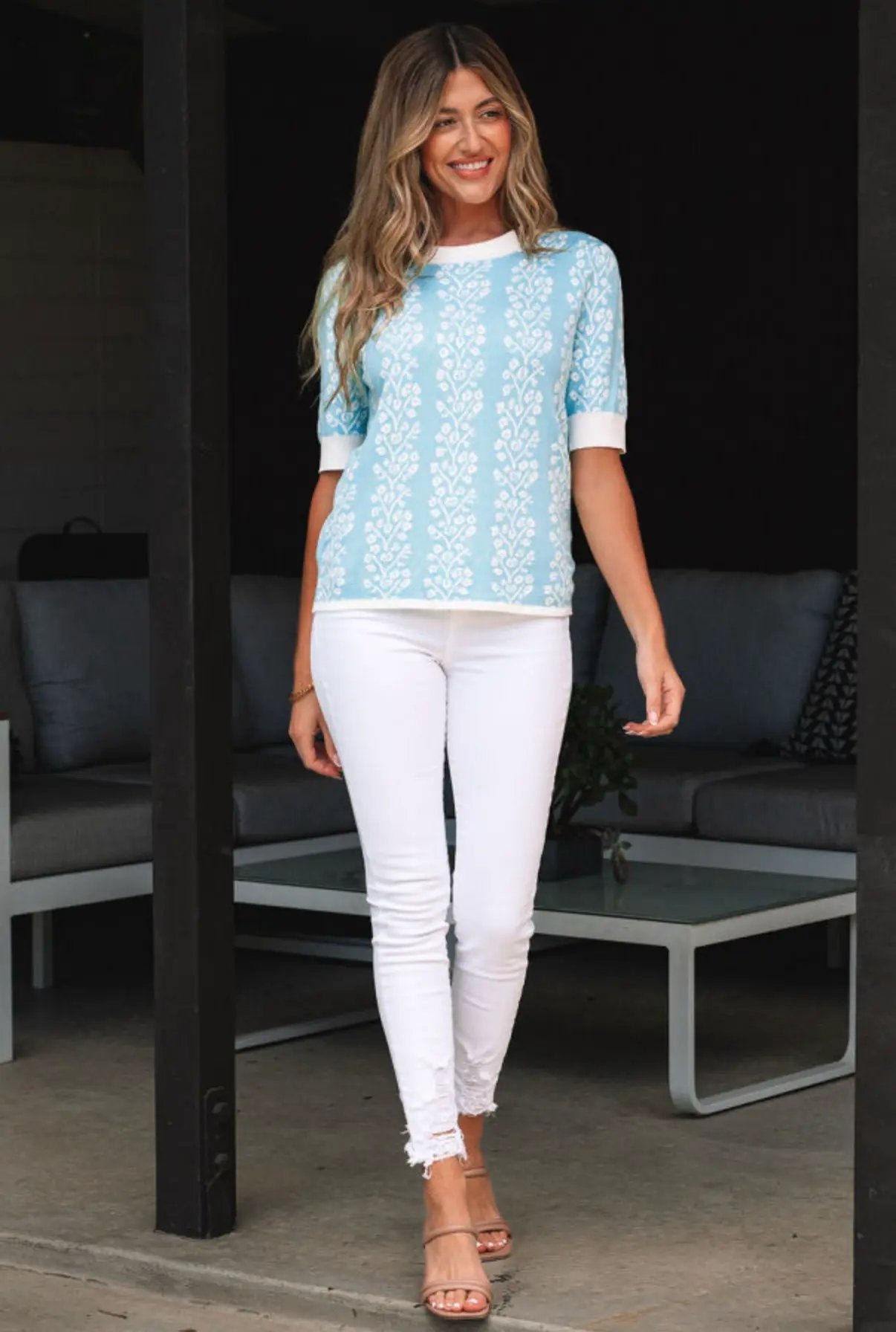 Grateful Threads Boutique Blue Skies & Blooms Crewneck Short Sleeve Knit Sweater - Sweaters Sky Blue Contrast Floral Crewneck Short Sleeve Sweater