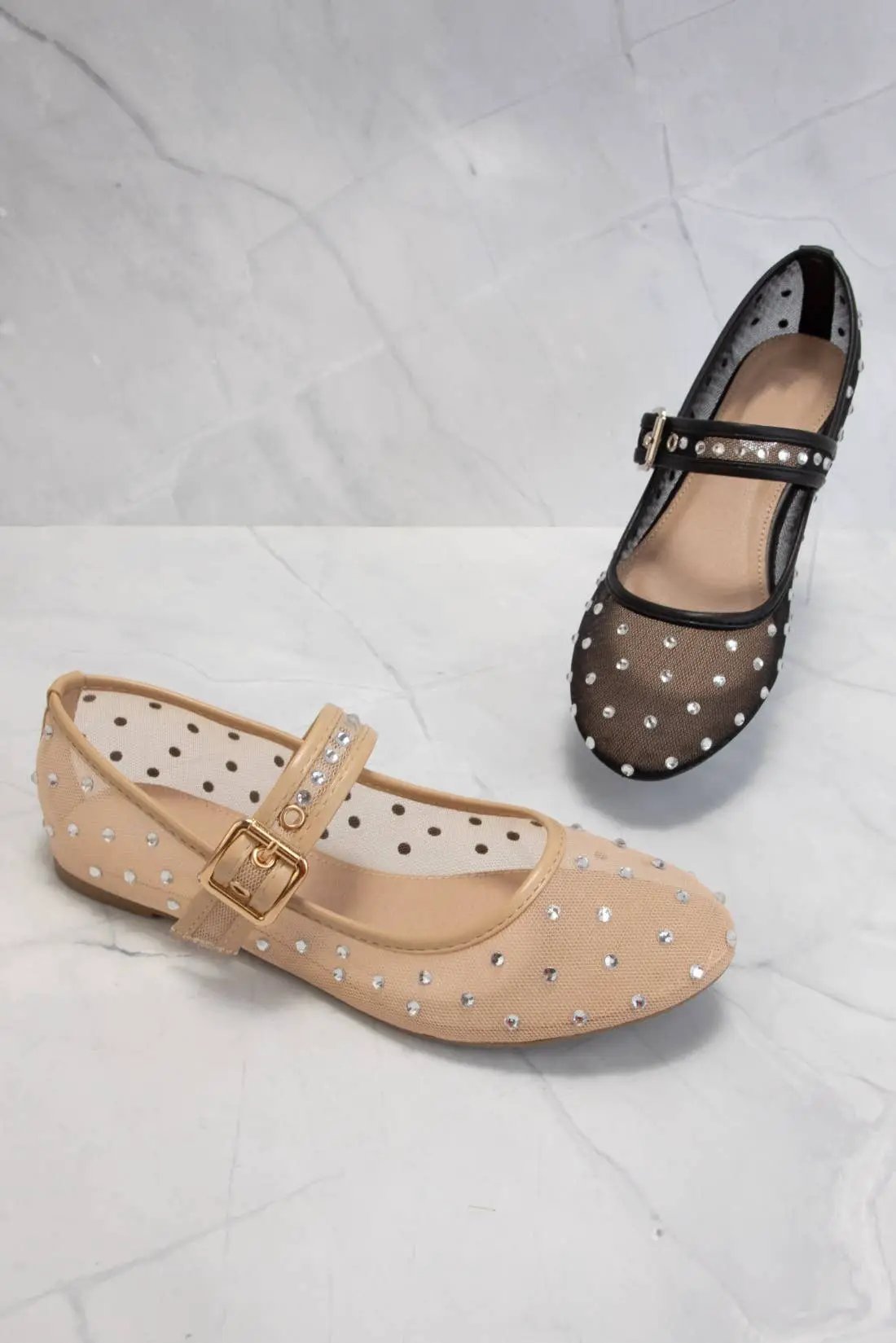 CCOCCI CCOCCI Rhinestone Embellished Mesh Mary Jane Flats - Shoes Rhinestone embellished Mary Jane Flats