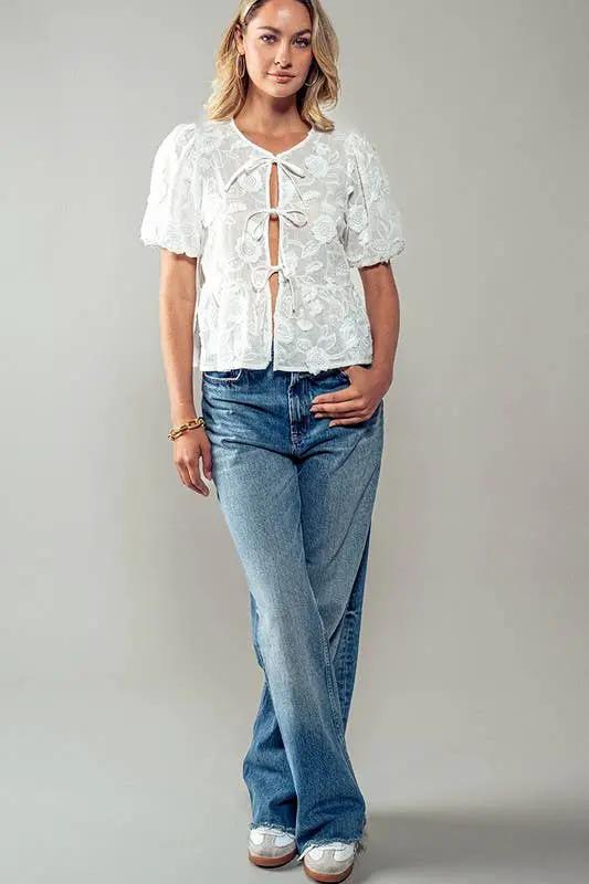 Urban Daizy Romantic Garden Lace Top - Blouses white embroidered bow blouse
