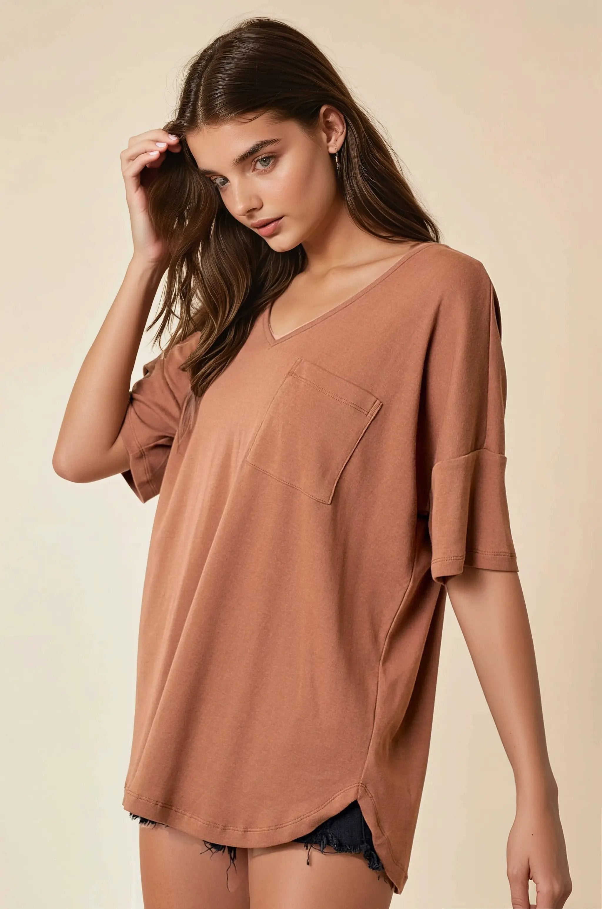 Doe and Rae The Oversized V-Neck Knit Top: Honey Brown - T-Shirts