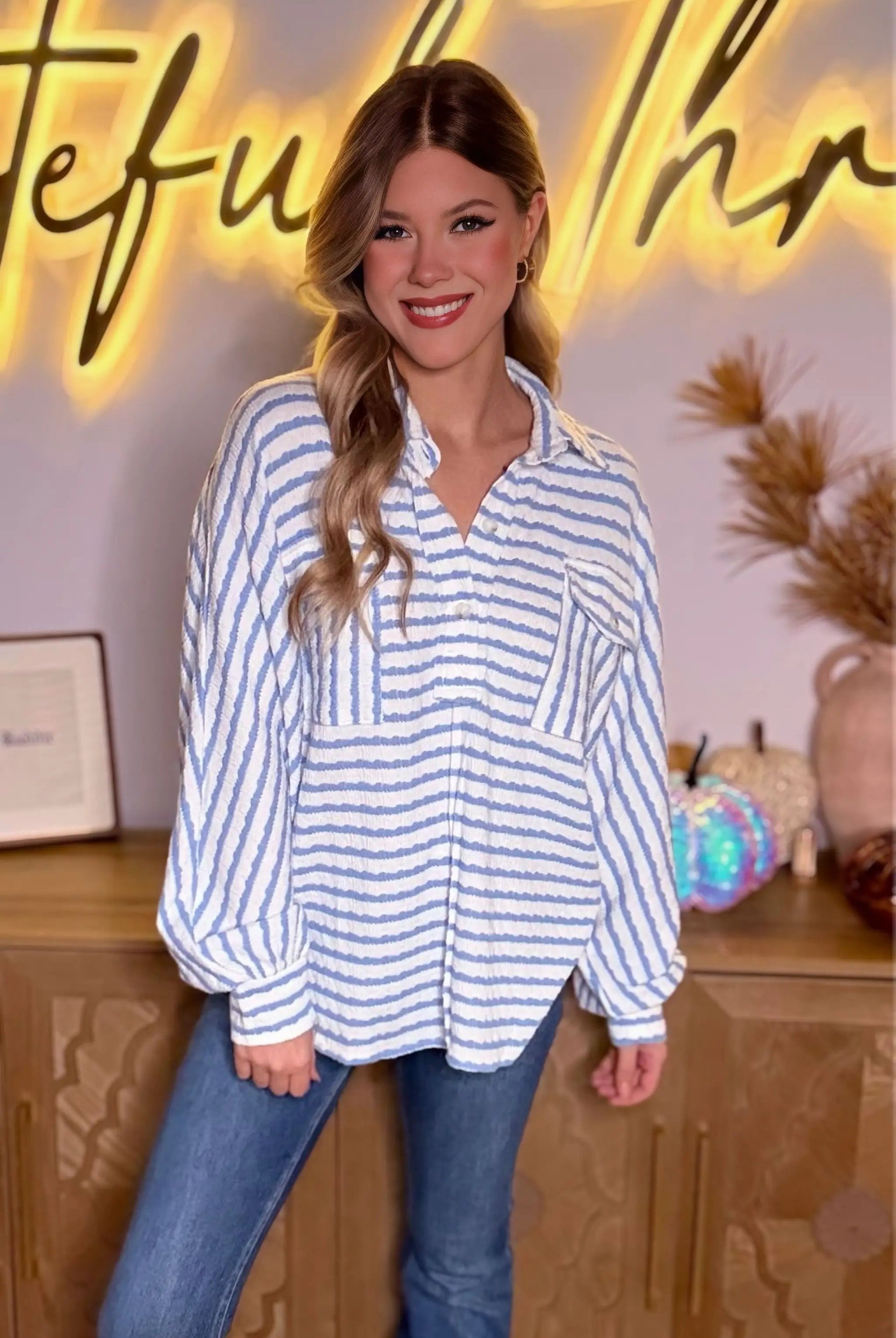 Grateful Threads Boutique Sky Blue Stripe Half Button Collared Chest Pockets Loose Fit Blouse - Blouses Sky Blue Stripe Half Button Collared Chest Pockets Loose Fit Blouse