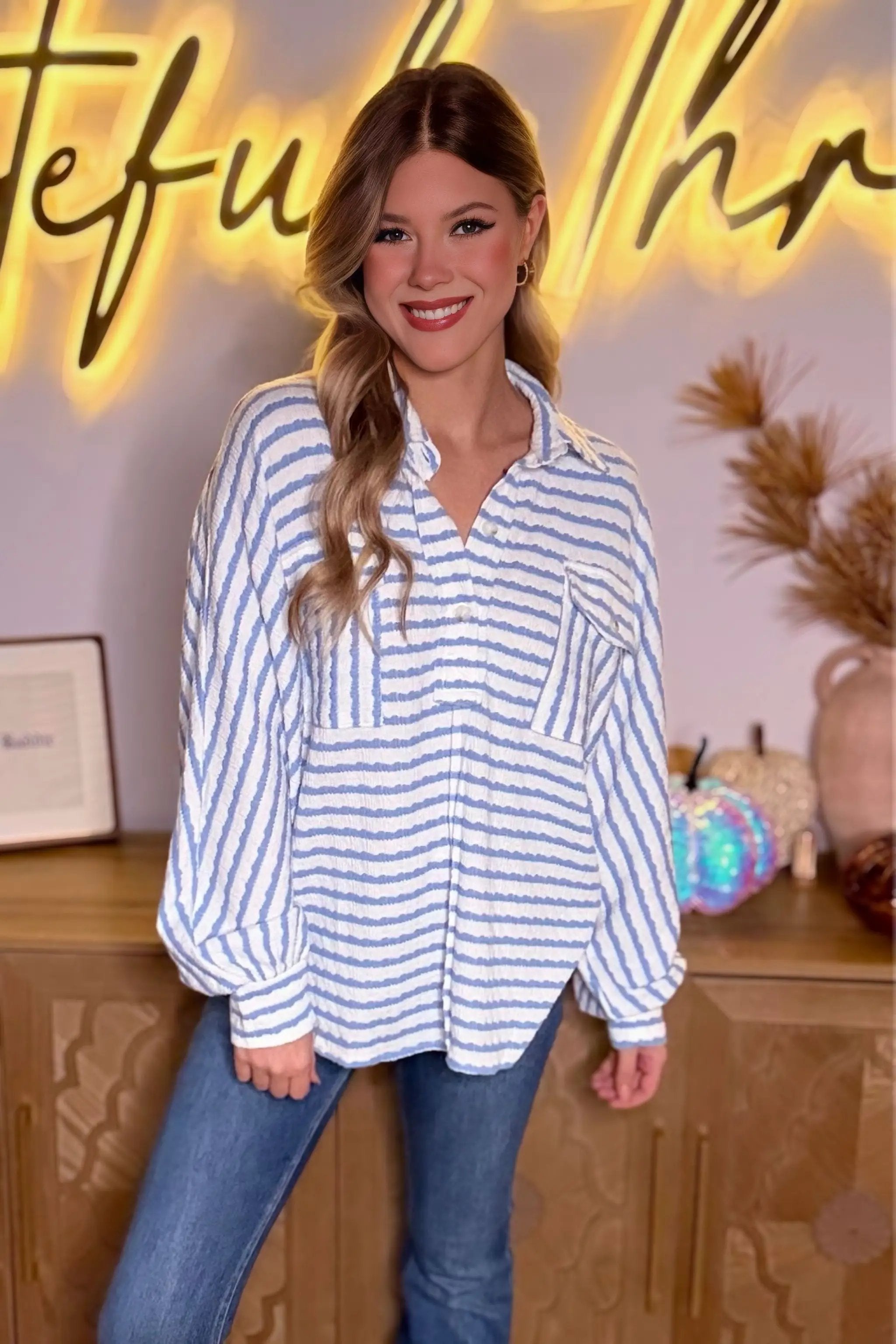 Grateful Threads Boutique Sky Blue Stripe Half Button Collared Chest Pockets Loose Fit Blouse - Blouses Sky Blue Stripe Half Button Collared Chest Pockets Loose Fit Blouse