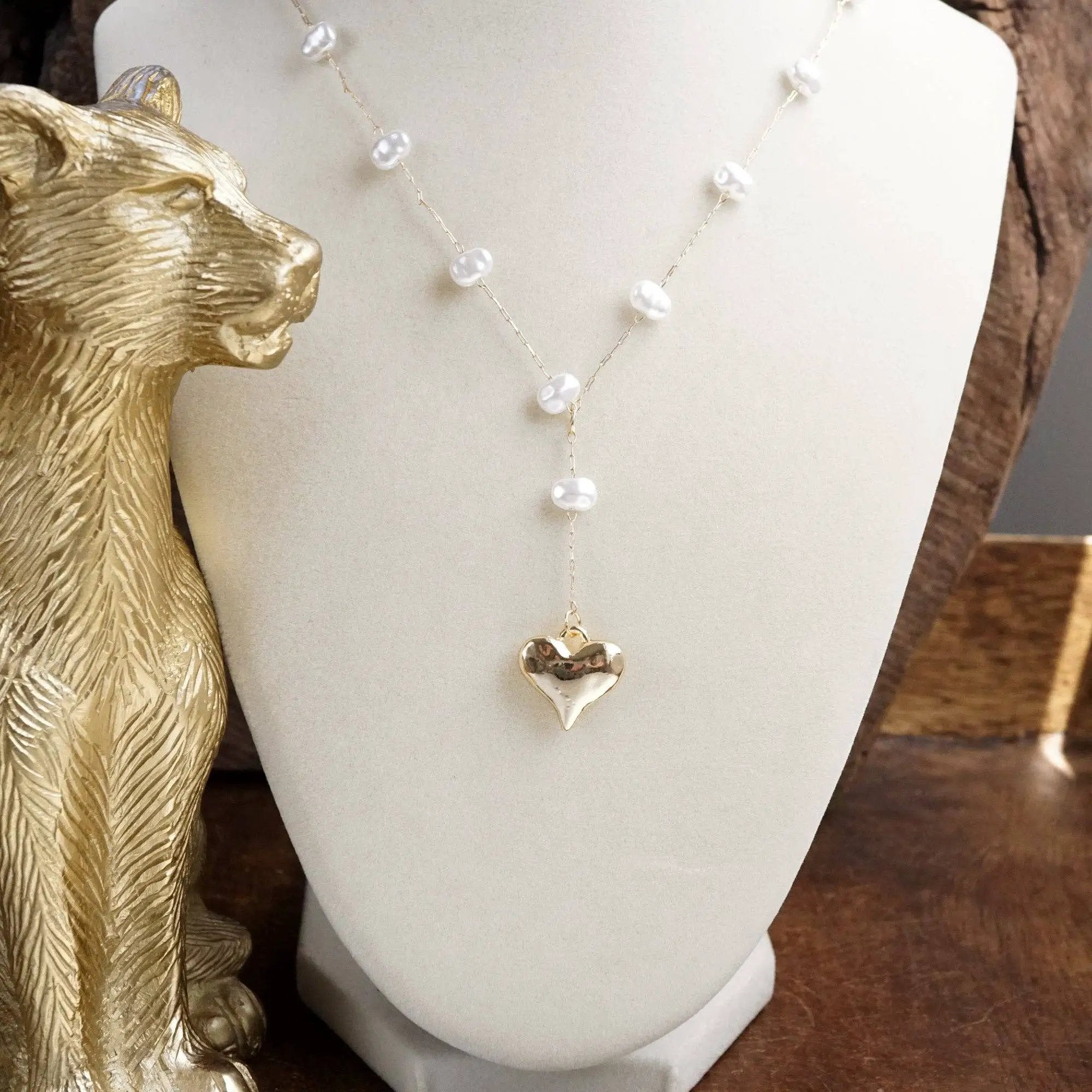 PennyLine inc The Gold Puffy Heart Pearl Lariat Chain Necklace - Necklaces